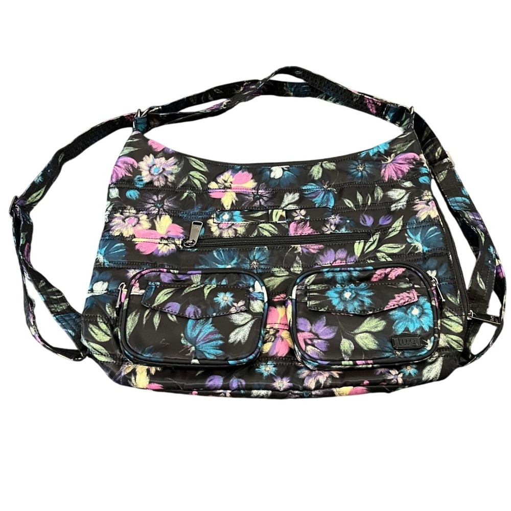 LUG Zipliner Convertible Hobo Bag Bloom Black Floral Purse Travel Shoulder Bag